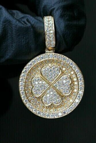 2 Ct Round Cut Lab-Created Men’s 4 Leaflet Clover Pendant 14k Yellow Gold Plated