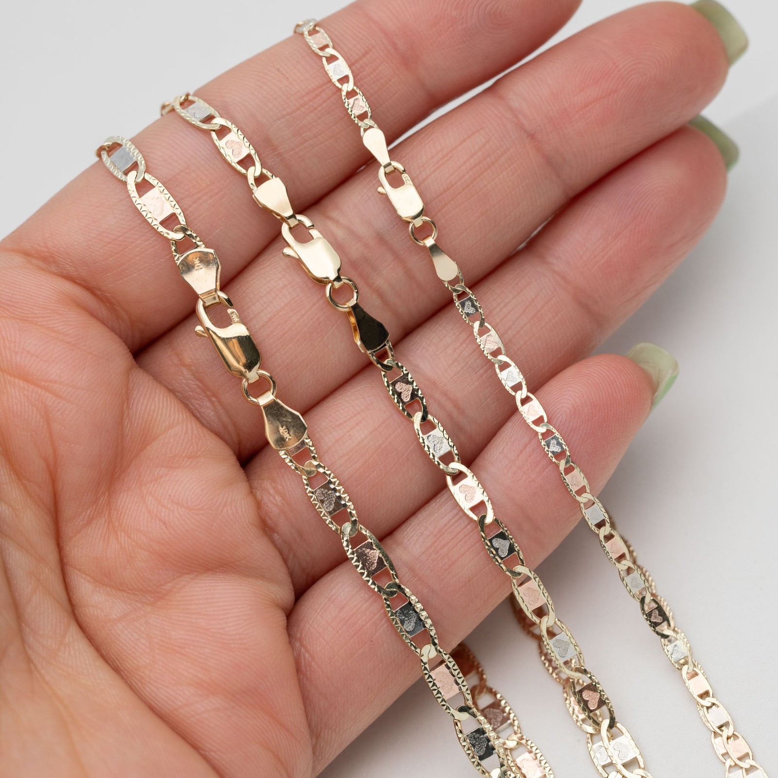 10K GOLD Heart Textured Valentino Link Chain Necklace Tri-Color Gold All Sizes