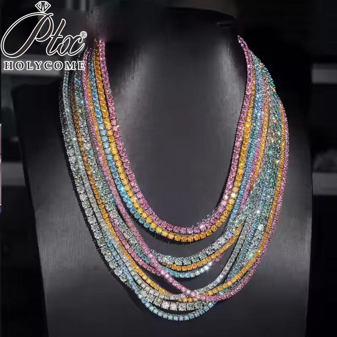 Colorful Real Moissanite Tennis Chain Necklace S925 Silver Bracelet Passes Test