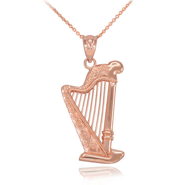 Solid Gold Harp Pendant Necklace (Available in Yellow/Rose/White Gold)