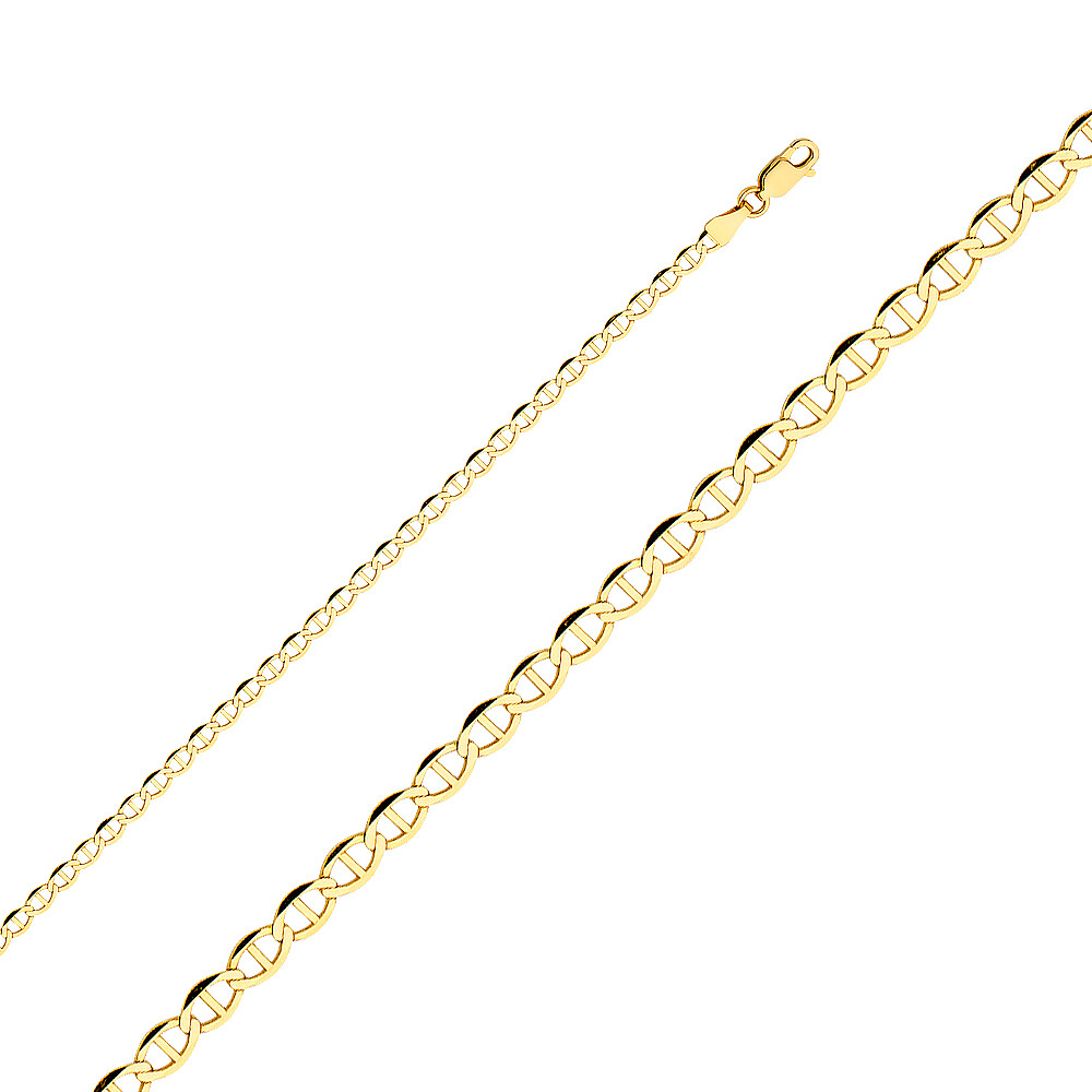 14K Yellow Solid Gold 3.4mm Flat Mariner Chain Necklace with Lobster Clasp