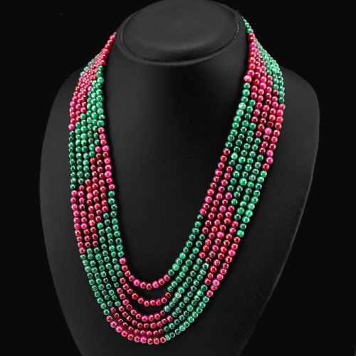 ELEGANT BRILILANT 477.00 CTS EARTH MINED 6 LINE RUBY & EMERALD BEADS NECKLACE