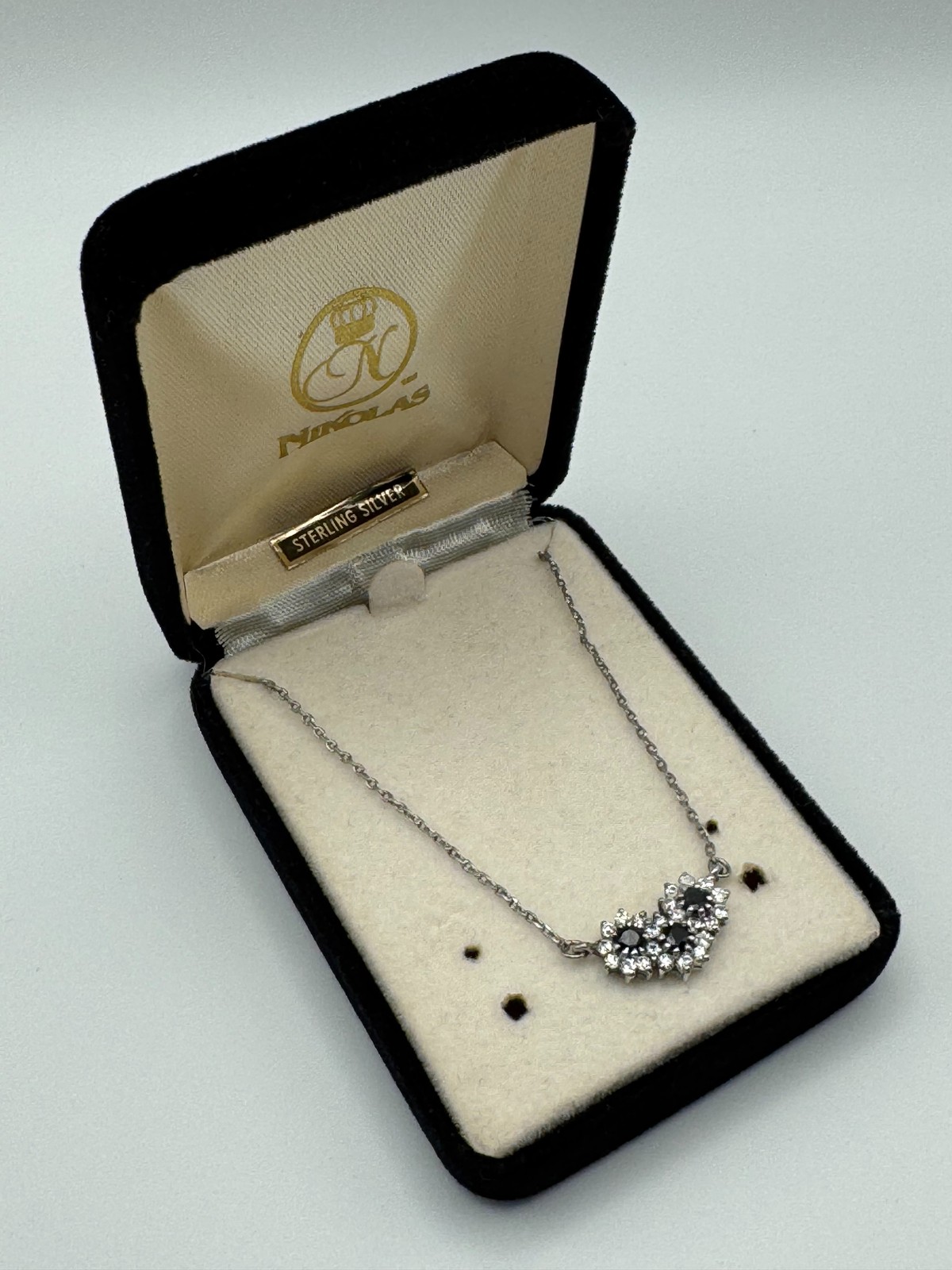 Nikolas Sterling Silver Necklace 17 In Black Clear Stone Cluster Pendant Vintage