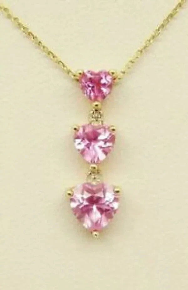 2.20Ct Heart Cut Pink Sapphire Three Stone Pendant 14K Yellow Gold Finish Chain