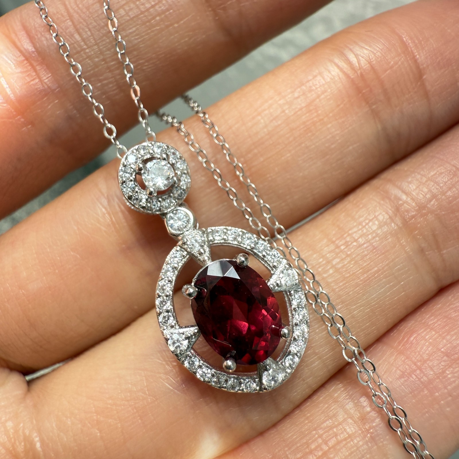 925 Sterling Silver Necklace 8x6mm Natural Garnet Zircon Flower Handmade Chain