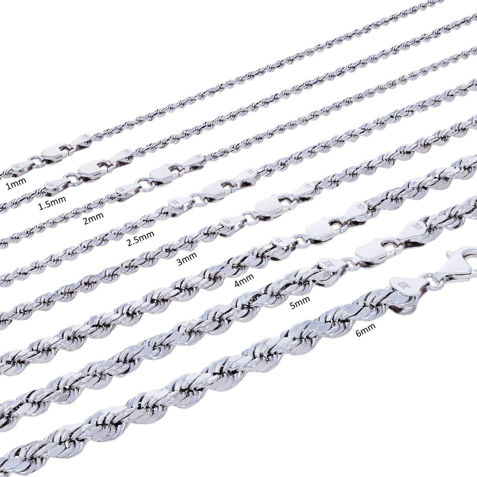 10K White Gold 1.5mm-6mm Diamond Cut Solid Rope Chain Pendant Necklace 16″- 30″