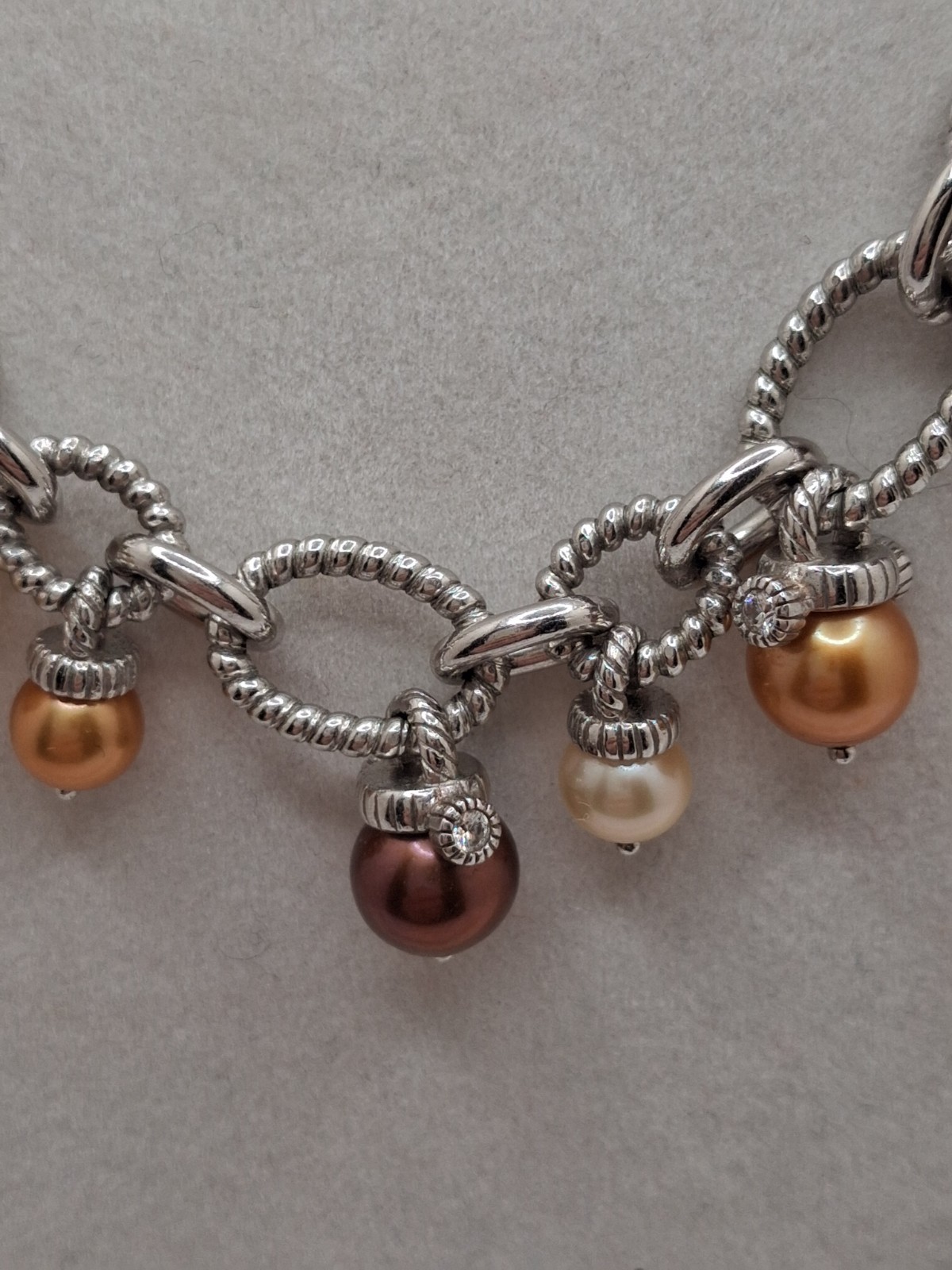 Judith Ripka S925 Multi Gold/Champagn/Choc Cultured Pearl Dangle Necklace-17-19″