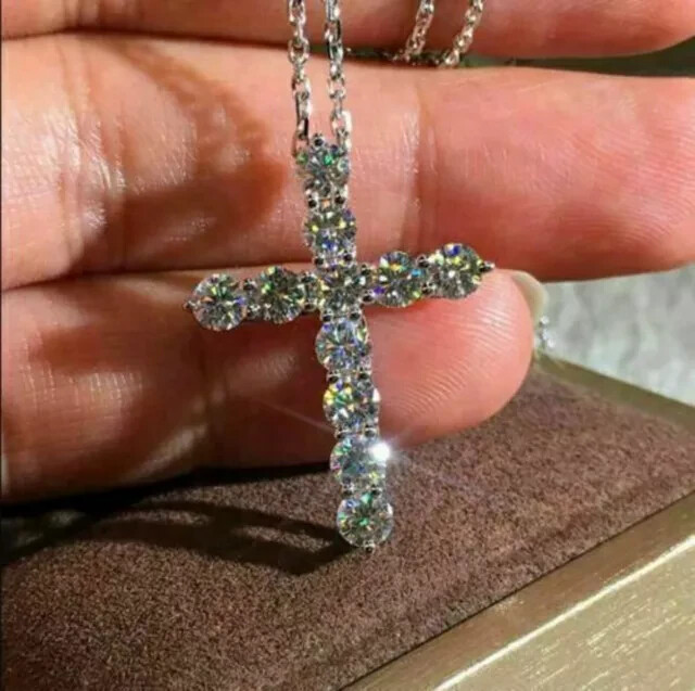 3.00 Ct Round Cut Moissanite Cross Pendant With Chain 14k White Gold Plated