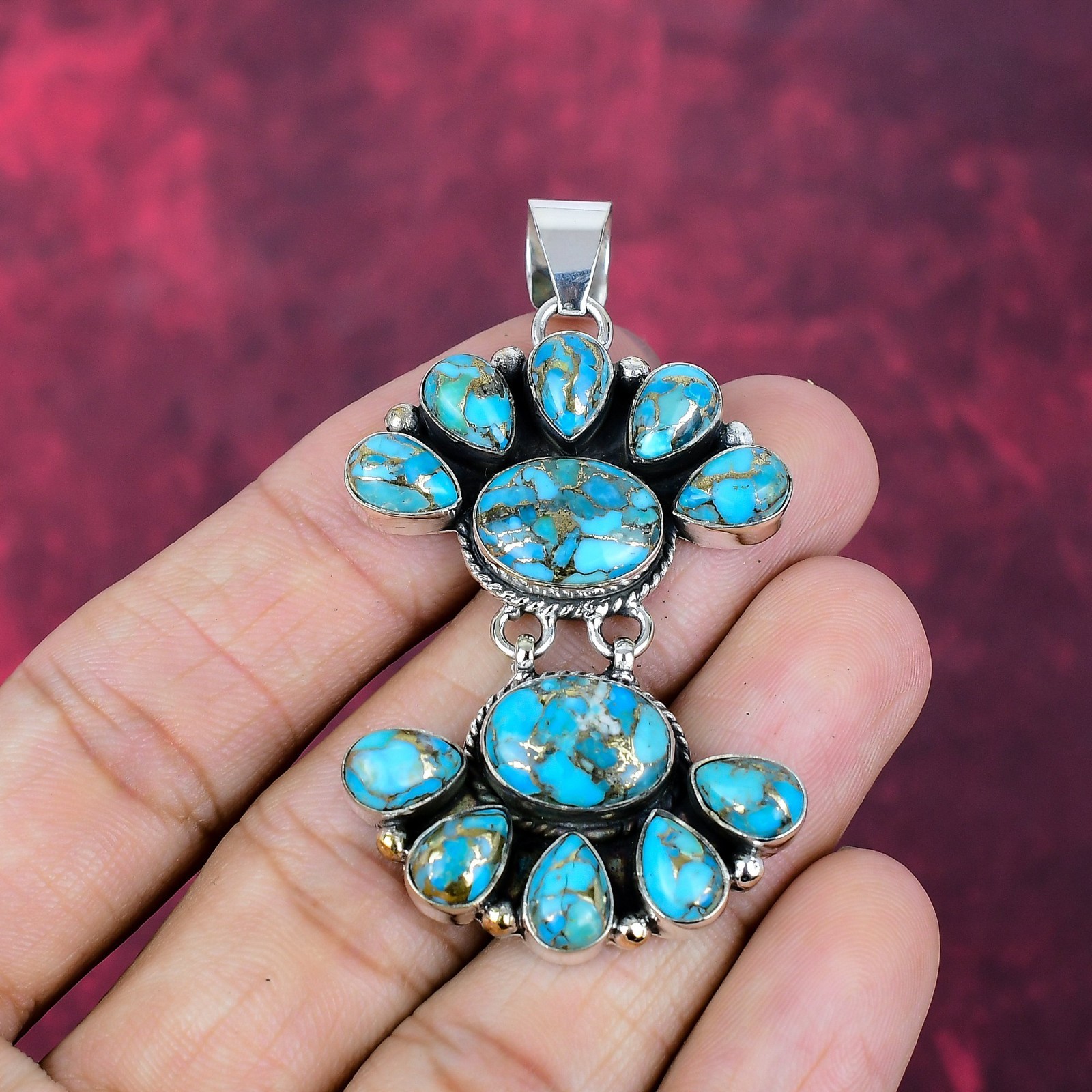 Blue Copper Turquoise Gemstone Handmade 925 Sterling Silver Jewelry Pendant