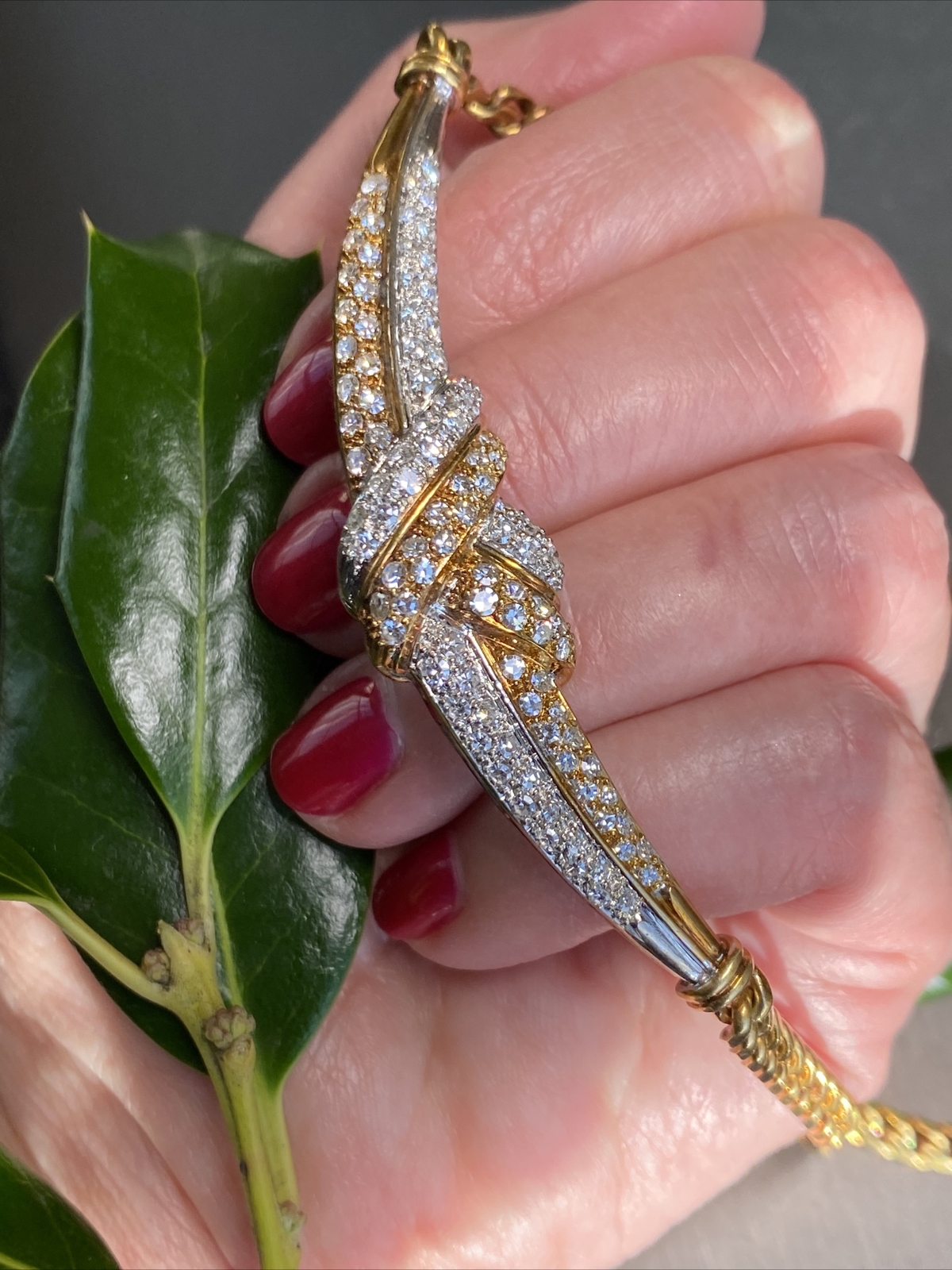 18K Yellow White Gold Diamond Love Knot X Crescent Vintage Cuban Chain Necklace