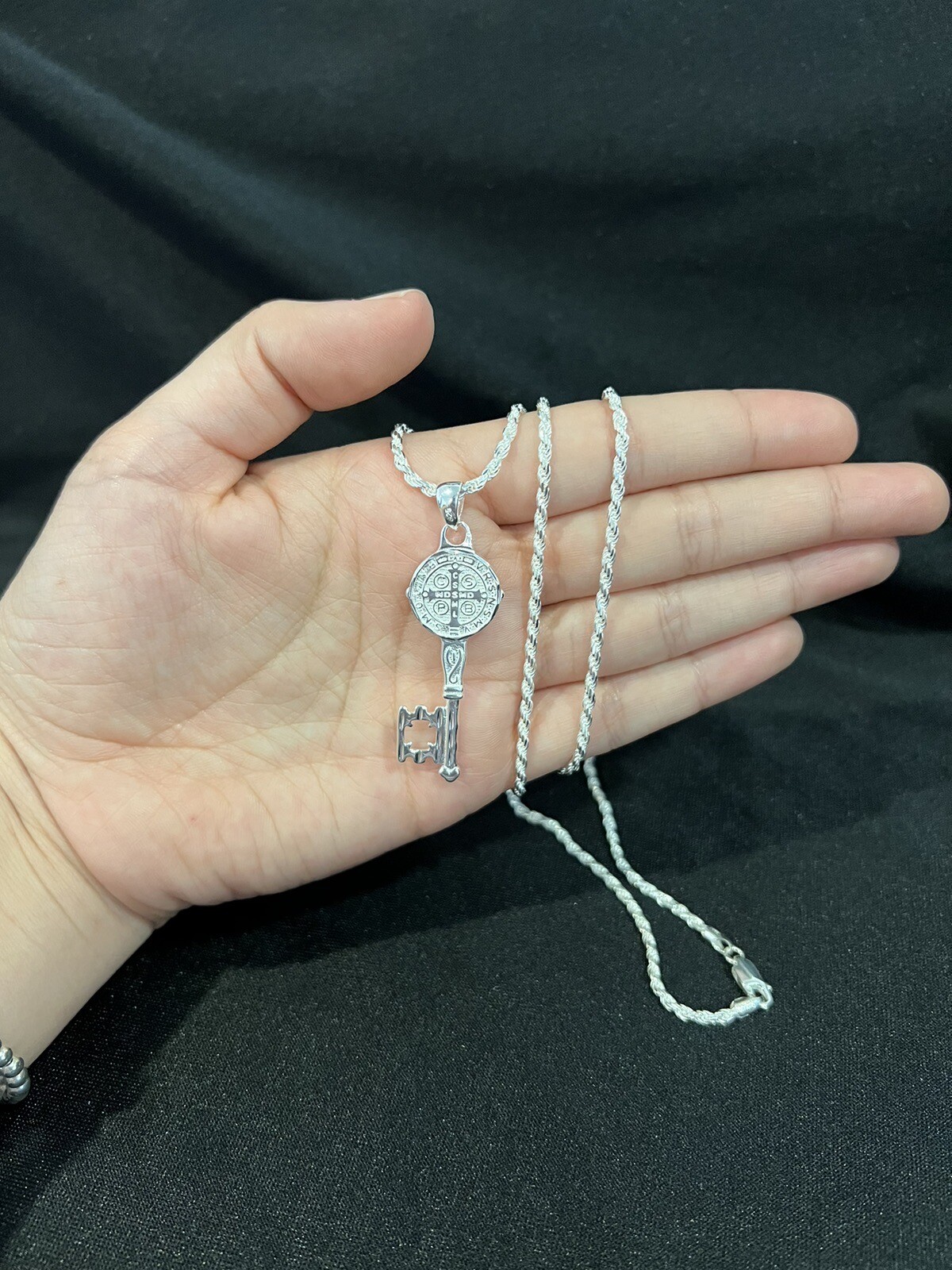 925 Sterling Silver Mens St Benedict Key San Benito Llave & Rope Chain 20 24 30