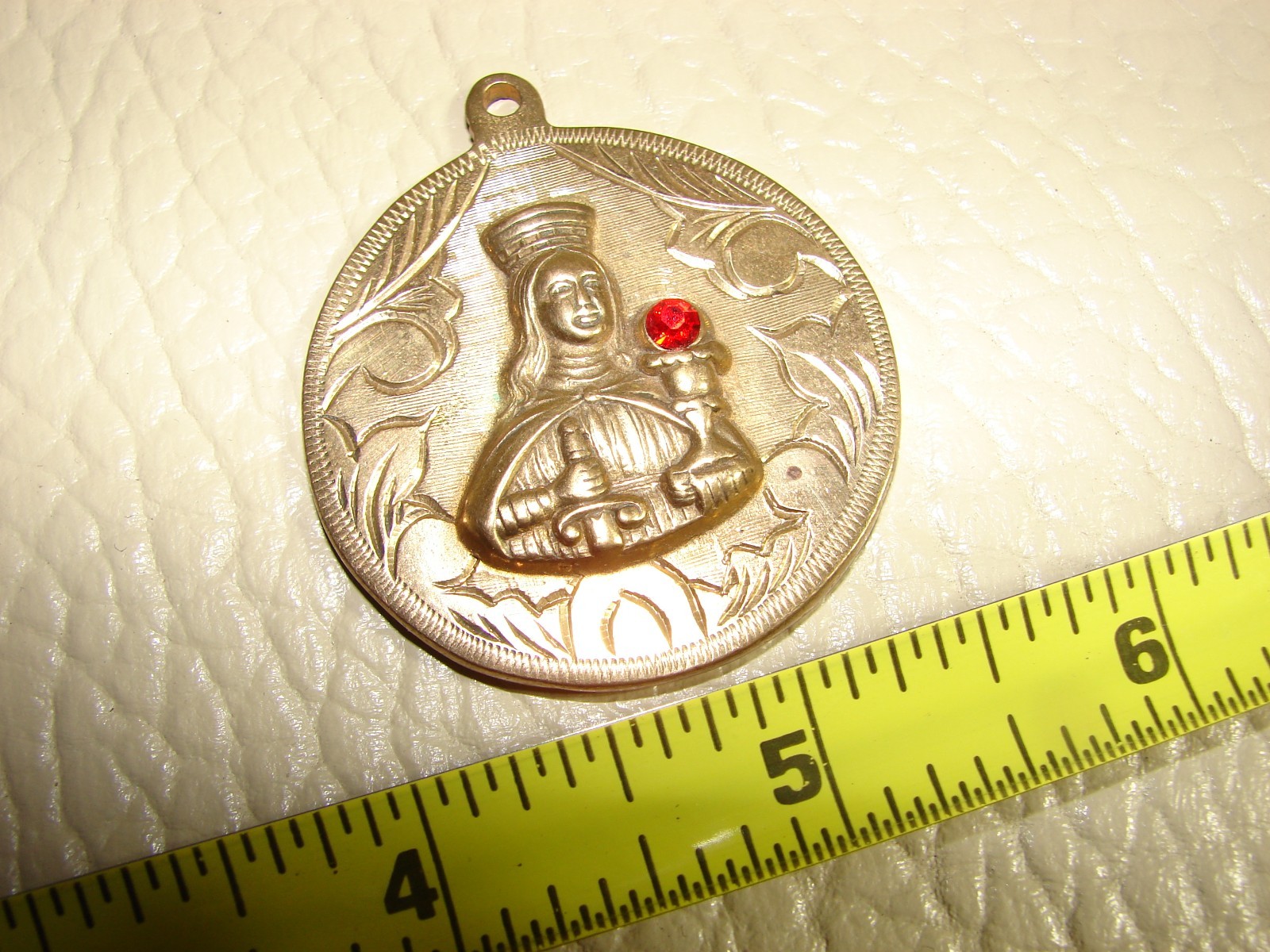 Vtg Copper Brass Saint Barbara Round Pendant w/ Red Ruby, 1 5/8″