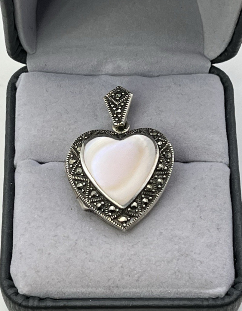 PINK MOP & MARCASITE Secret Poison Pill HEART PENDANT Solid Sterling Silver 925