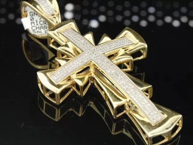 2Ct Round Cut Moissanite Cross Men’s Charm Pendant 14K Yellow Gold Plated Silver