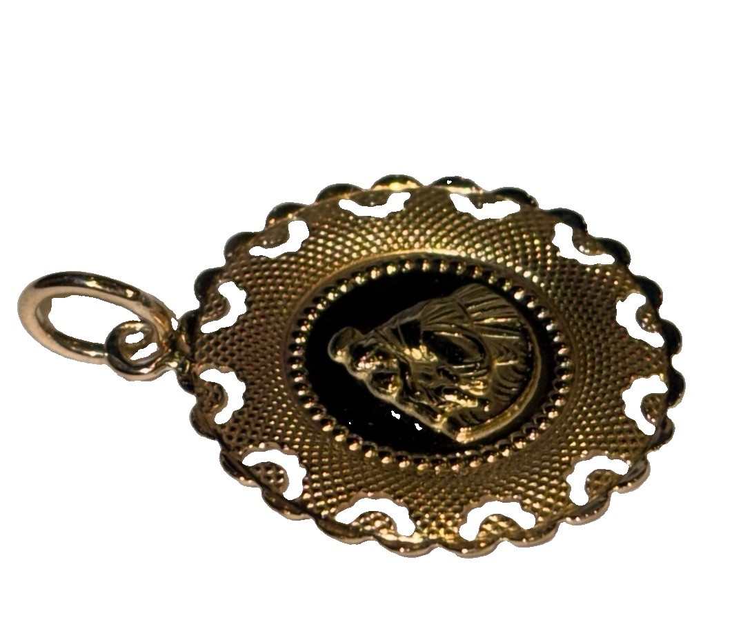 18K Yellow Gold Custom Religious Medal Pendant With Unique Diamond Cut Accents !