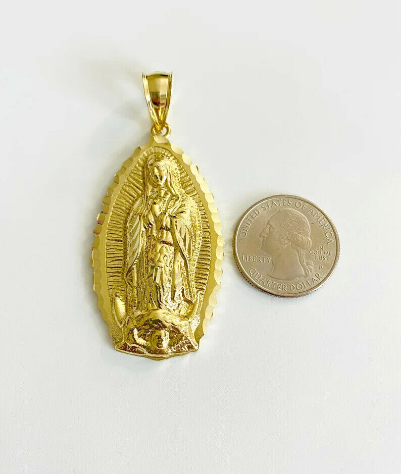 10K Solid Gold Virgin Mary Pendant- 2.6″ 10K Solid Gold Virgin of Guadalupe -G85