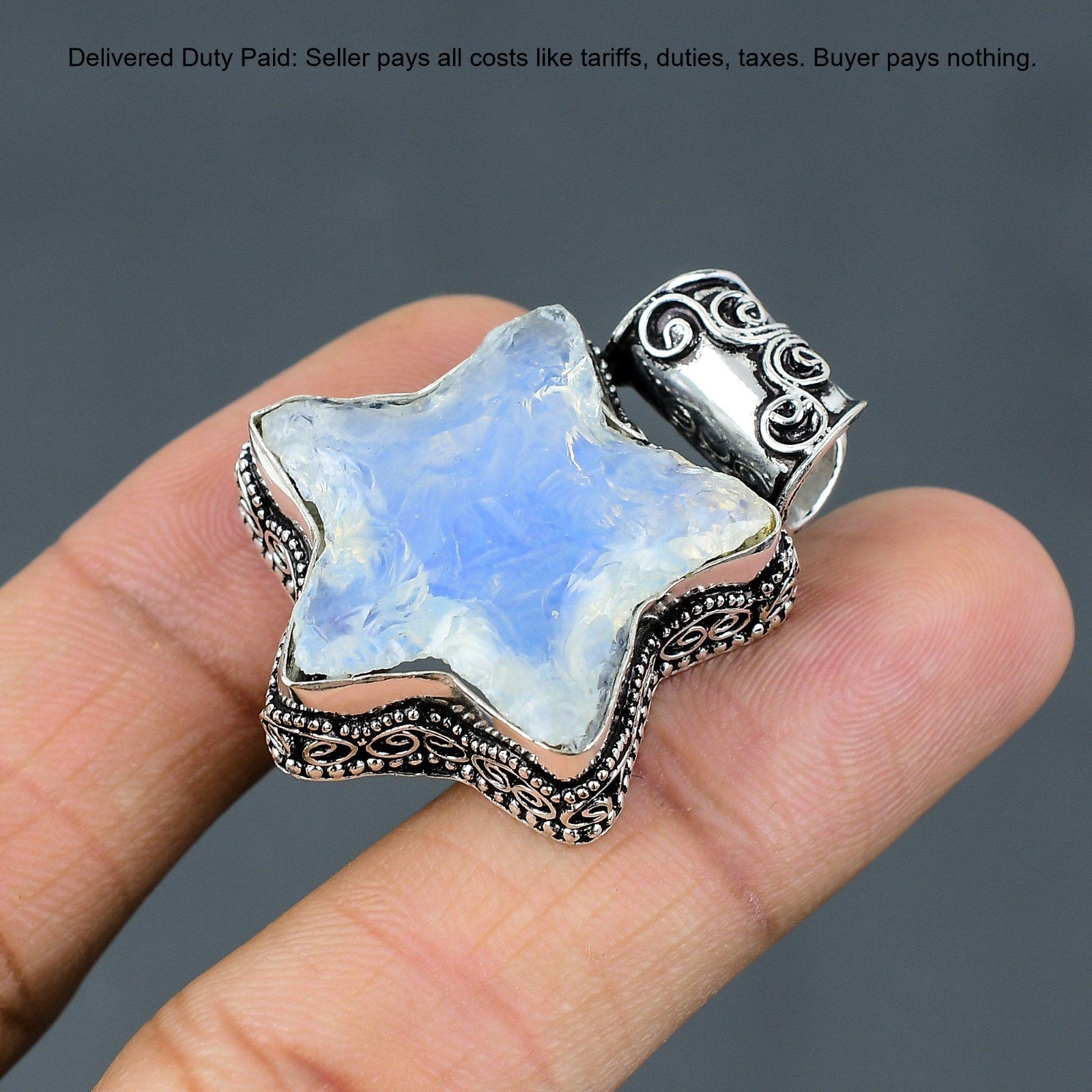 Milky Opal Rough Gemstone 925 Sterling Silver Bezel Star Vintage Pendant Jewelry