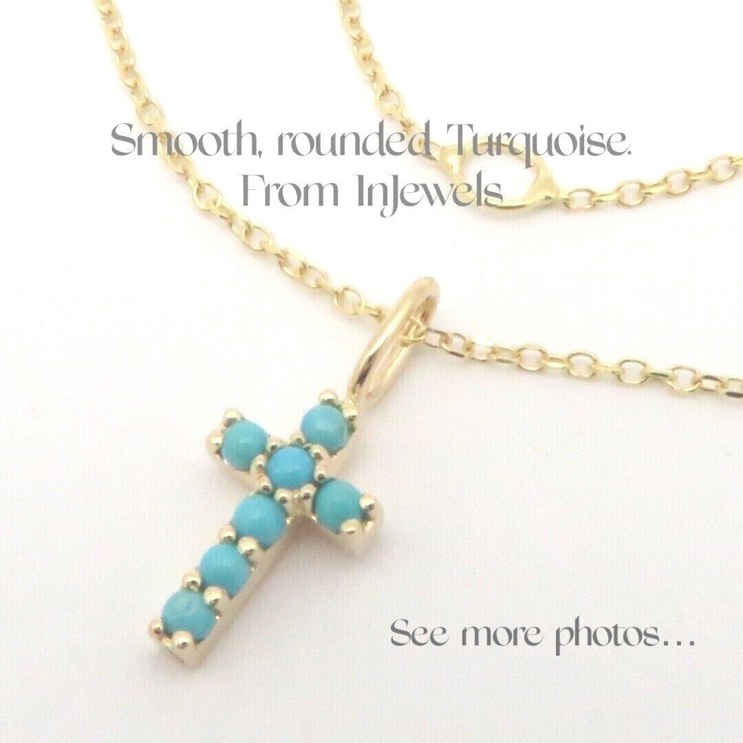 14K SOLID YELLOW GOLD BLUE TURQUOISE CROSS PENDANT NECKLACE SMALL TINY 3/8” FINE