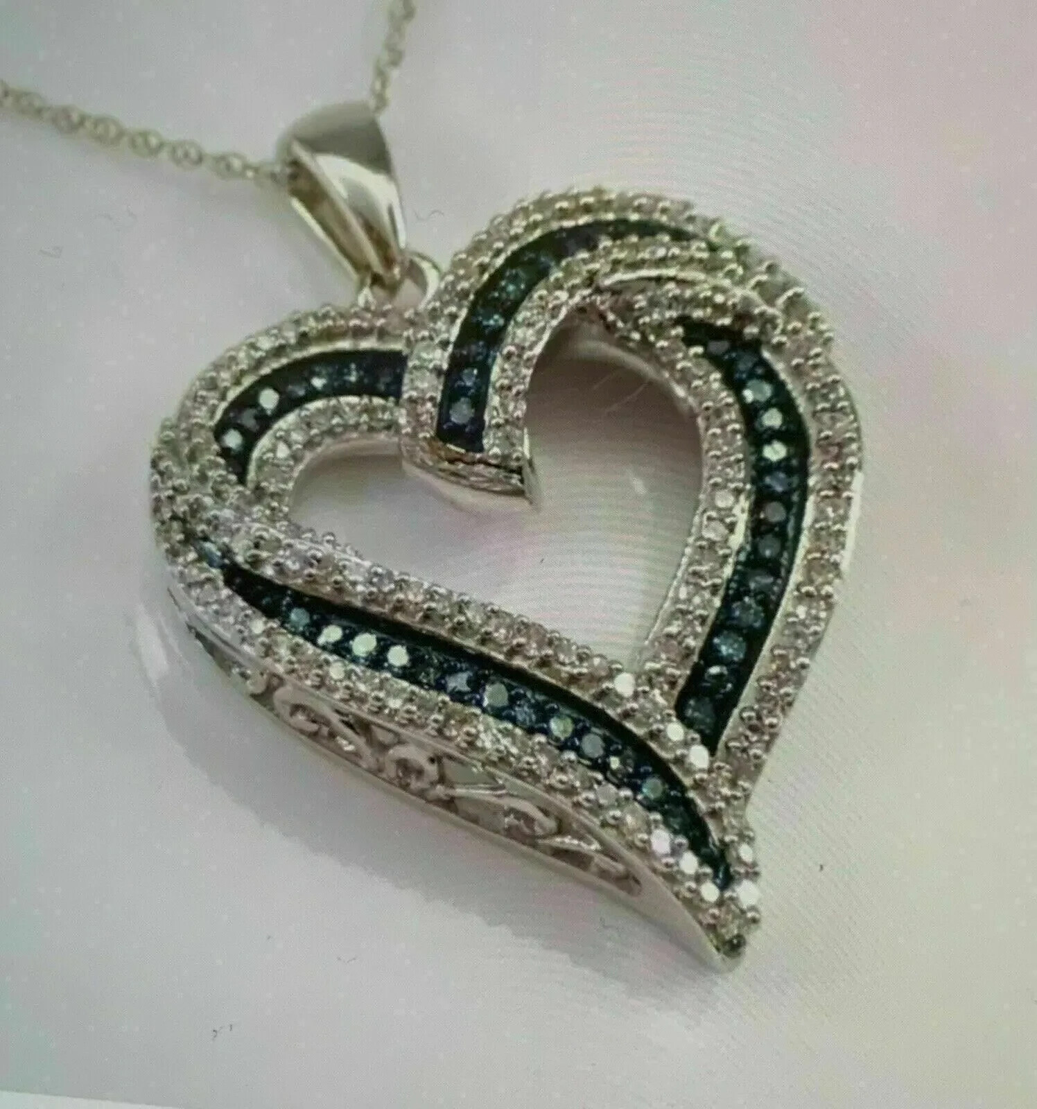 1Ct Round Cut Blue Sapphire & Diamond Heart Pendant Necklace 14k White Gold Over