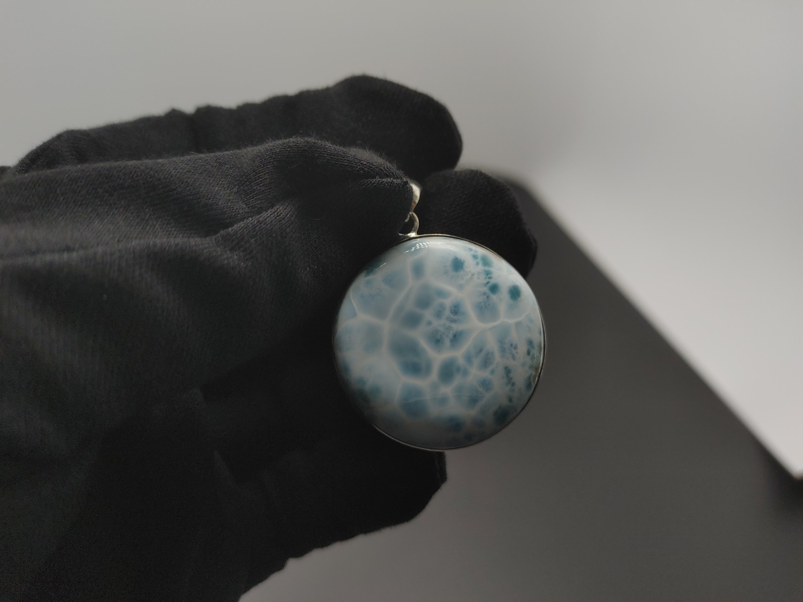 Larimar Circle Pendant- Sterling Silver Setting 23.6 grams