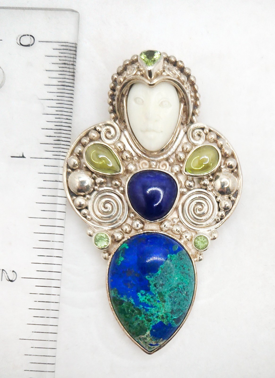 Sterling Silver Boho Goddess Maiden Pendant 925 Lapis Azurite, Peridot and Bone