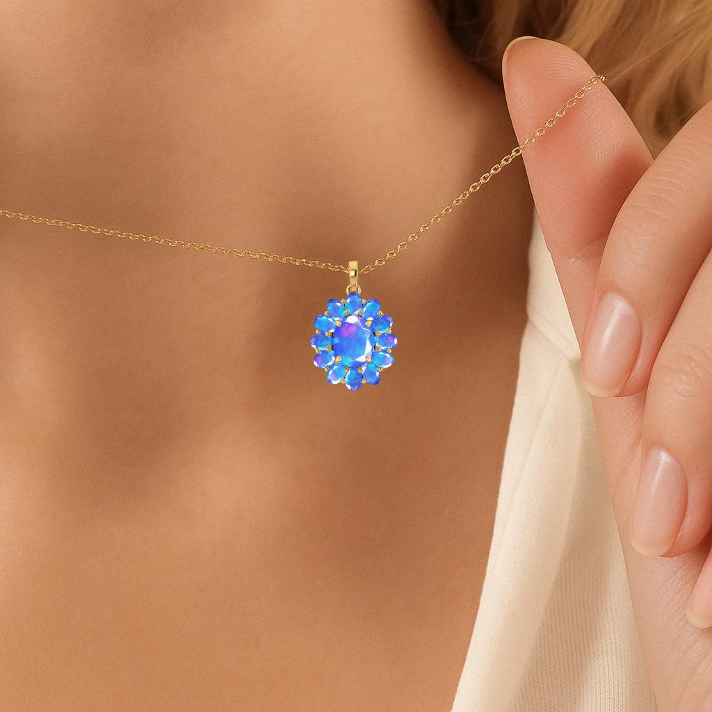 Natural Blue Opal Gemstone Pendant Necklace, Genuine Opal Gemstone Necklace