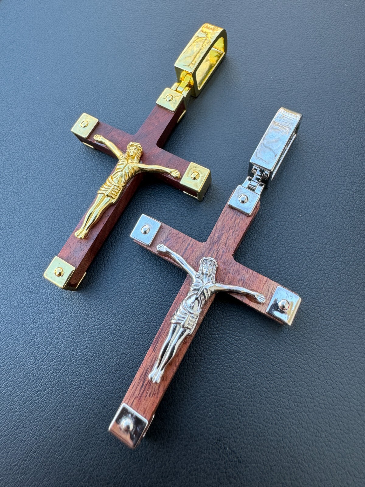 Plain Real 925 Silver & Natural Wood Jesus Cross Pendant Necklace ITALY Handmade