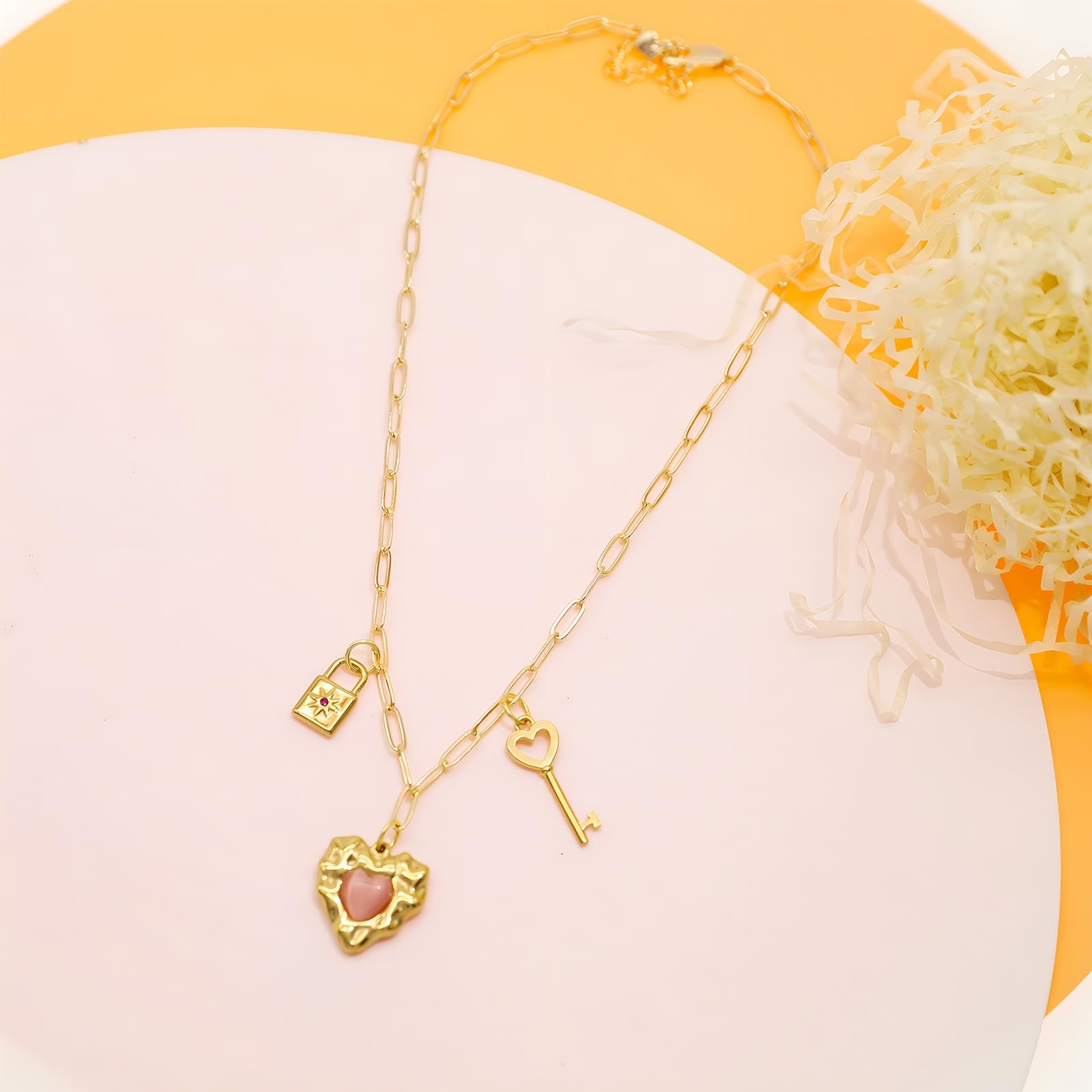 Multi Charm Necklace for Women Chunky Gold Plated Paperclip Chain Choker Ne – 07