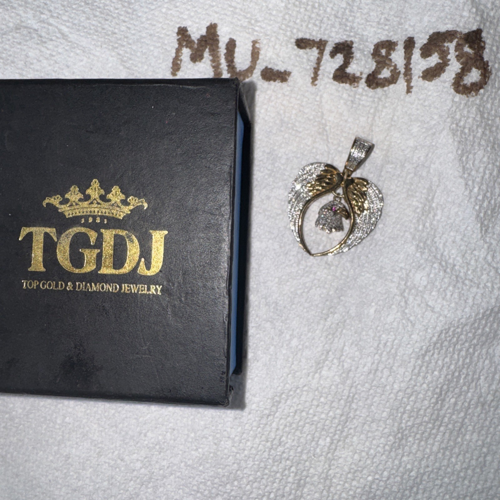 10k Yellow Gold Angel Wings With Eagle 0.41 Ct Diamond Charm Pendant