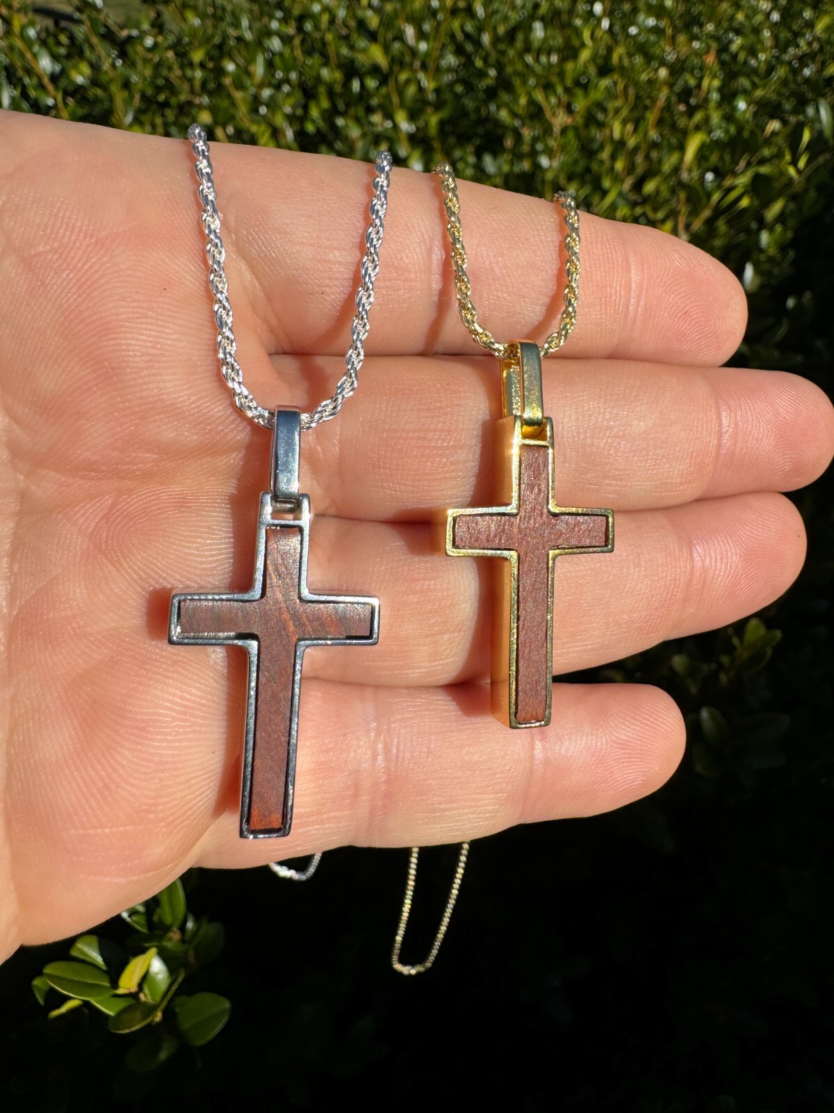 Real 925 Silver & Wood Inlay Plain Religious Cross Pendant Necklace Handmade