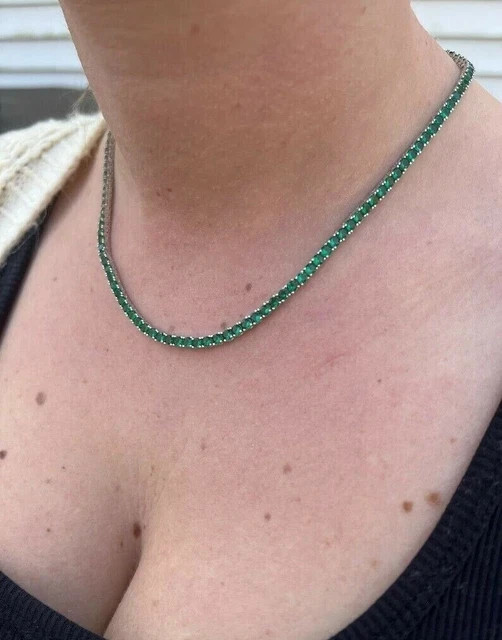 45CT Lab Created Green Emerald 14K White Gold Plated 4mm Womens Tennis Necklace
