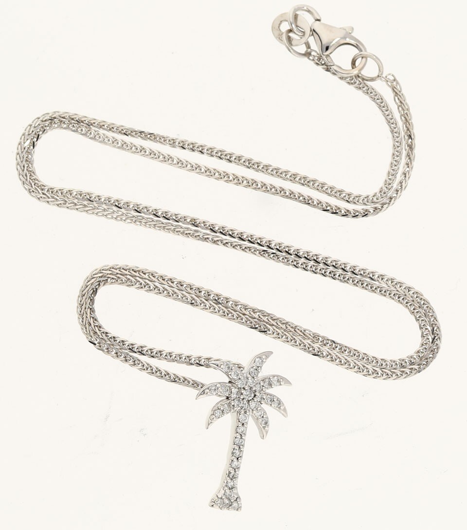 Natural Diamond Tiny Palm Tree Pendant Necklace .18CT 14K White Gold 16” Chain