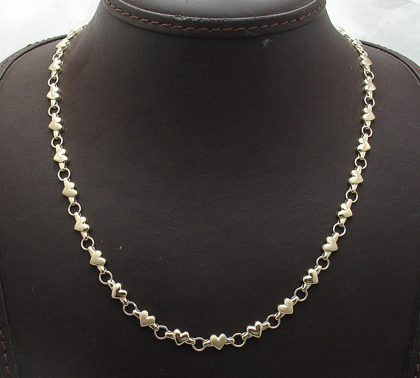 Shiny Satin Heart Linked Stampato Chain Necklace Real 14K Yellow Gold ALL SIZES