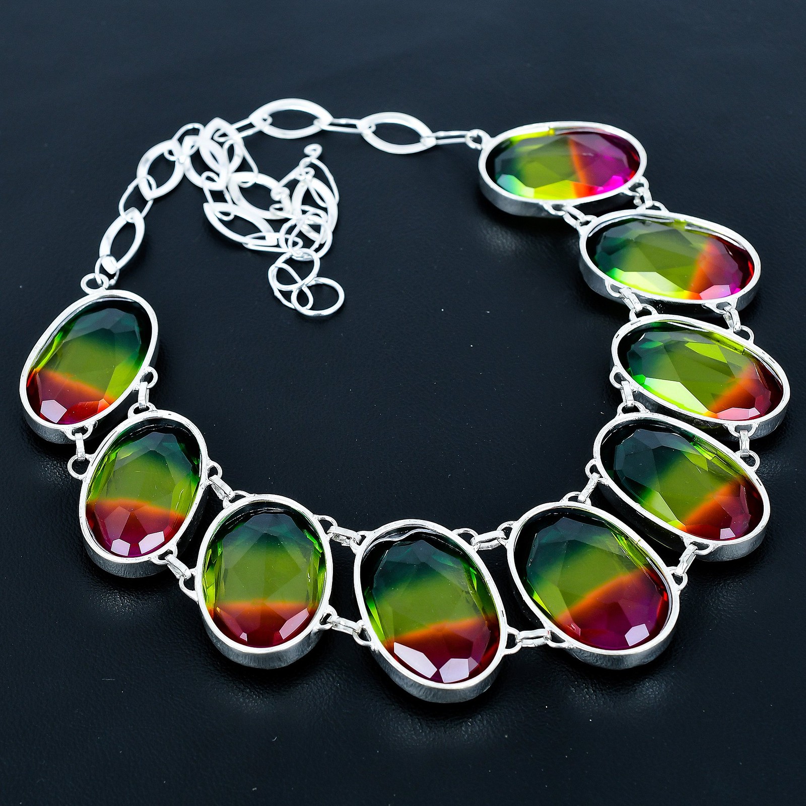 Multi Tourmaline Oval Gemstone 925 Sterling Silver Jewelry Necklace 18″ VJ 1407