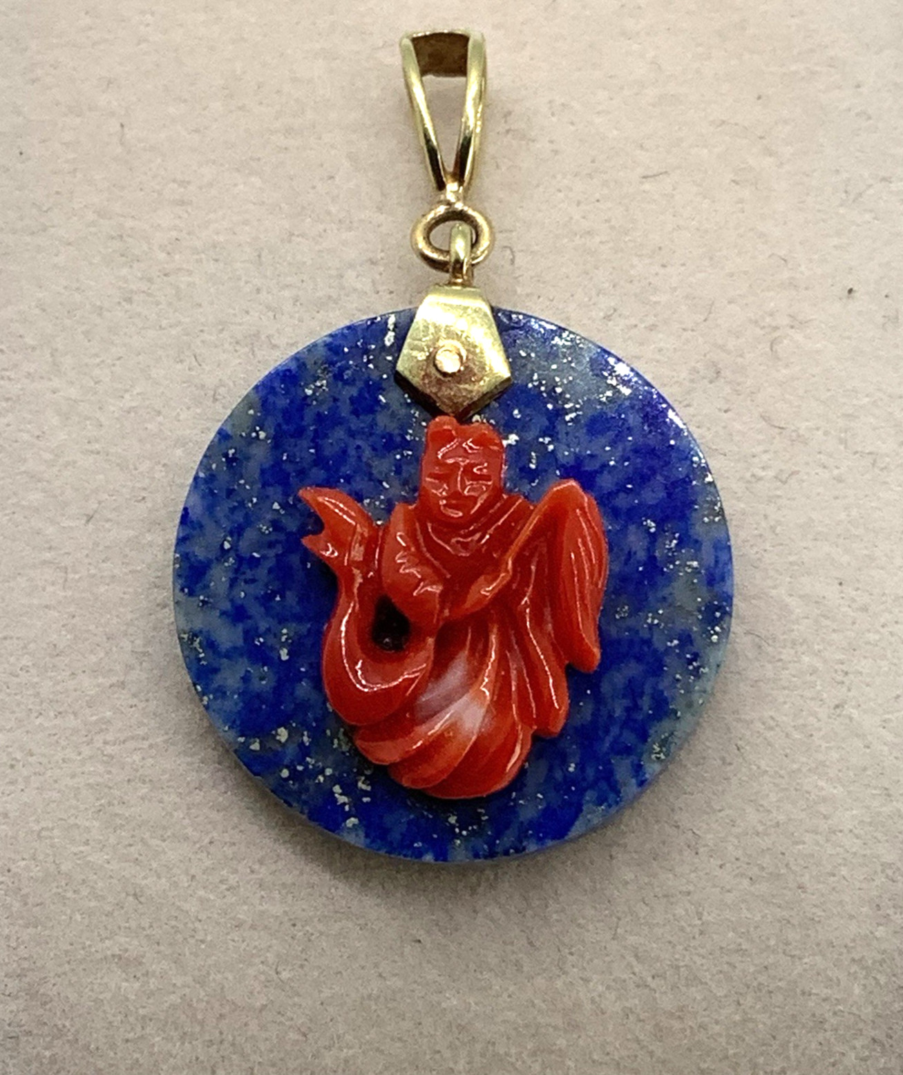 10k Gold Lapis Lazuli Pendant, Red Carved Coral Figure with Fishtail 2″