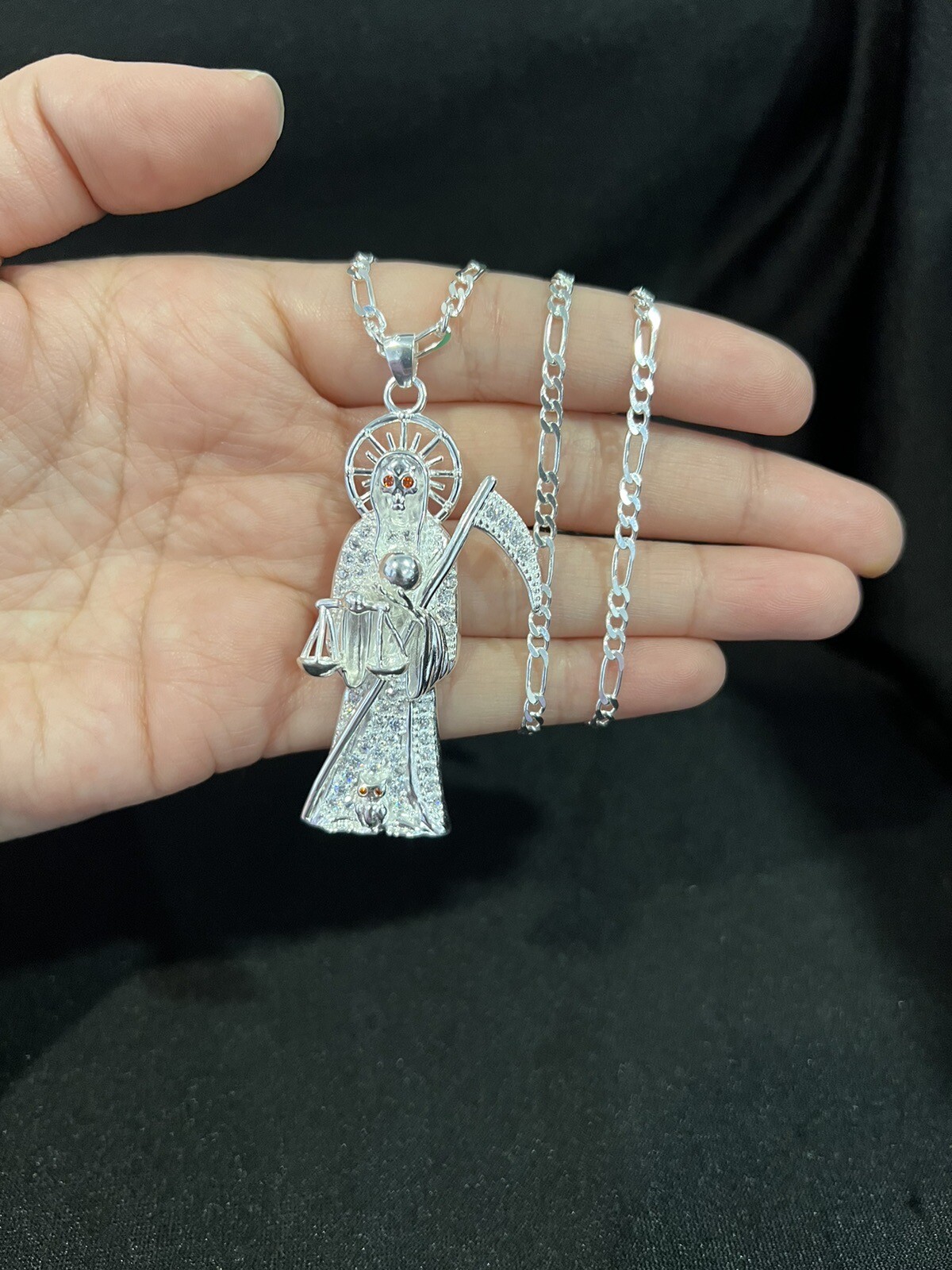 925 Sterling Silver Men CZ Santa Muerte Grim Reaper & Figaro Chain 20 24 30