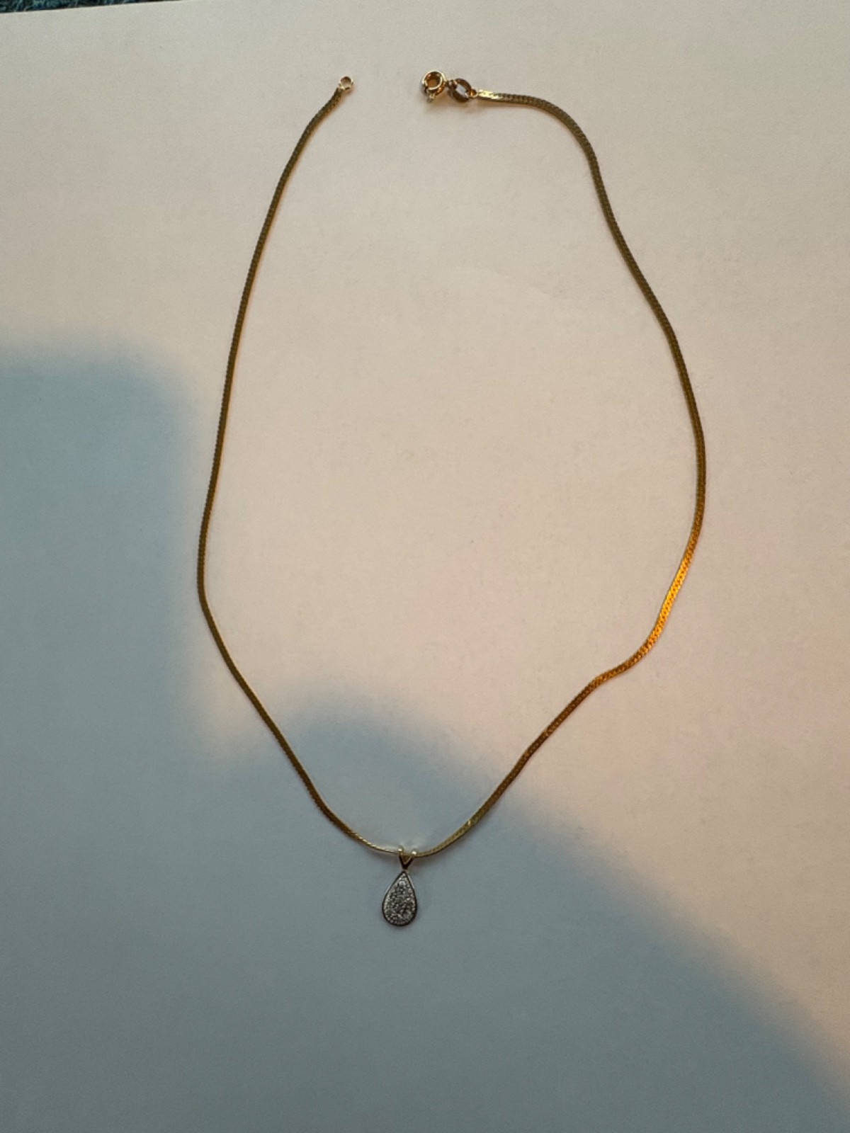 14K GOLD CHAIN NECKLACE, FLAT HERRINGBONE, 16″, PENDANT with SMALL DIAMONDS