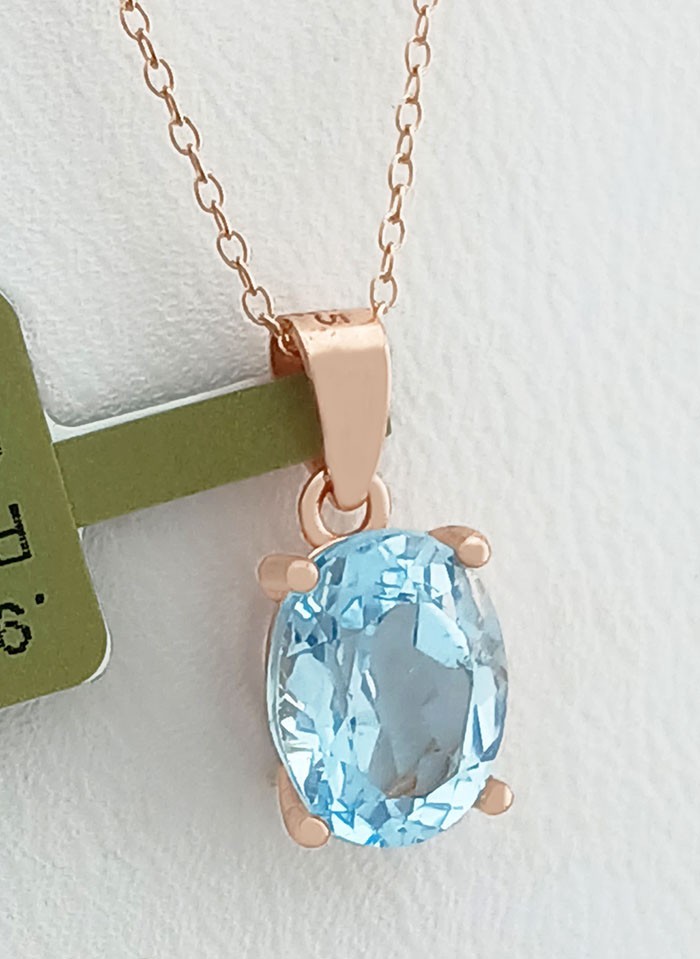 GENUINE 2.25 Cts BLUE TOPAZ PENDANT NECKLACE 14K ROSE GOLD PLATED (.925) – NWT