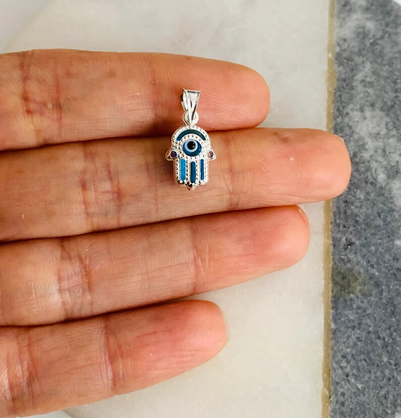 925 Sterling Silver Murano Glass 16mm Hamsa Fatima Hand Pendant- P145
