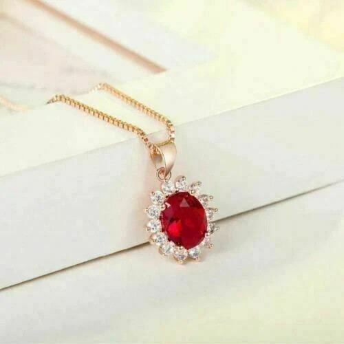 Oval Cut Lab Created Red Ruby Womens Pendant with Chain 14K Yellow Gold Plated