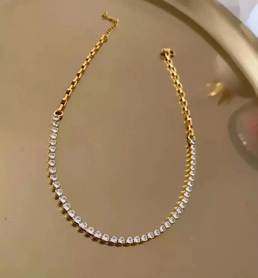 6Ct Round Cut White Moissanite Women’s Tennis Necklace 14K Yellow Gold Plated