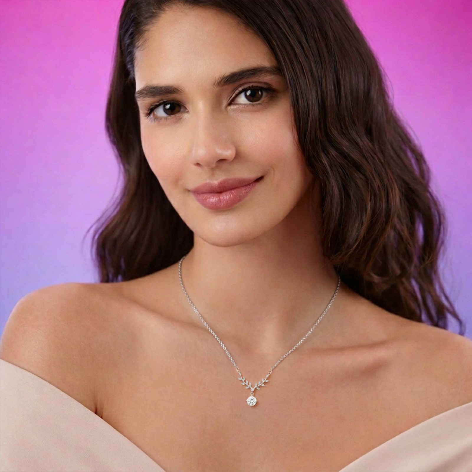925 Sterling Silver 14K White Gold Plated Bridal Leaf Vine Solitaire Necklace