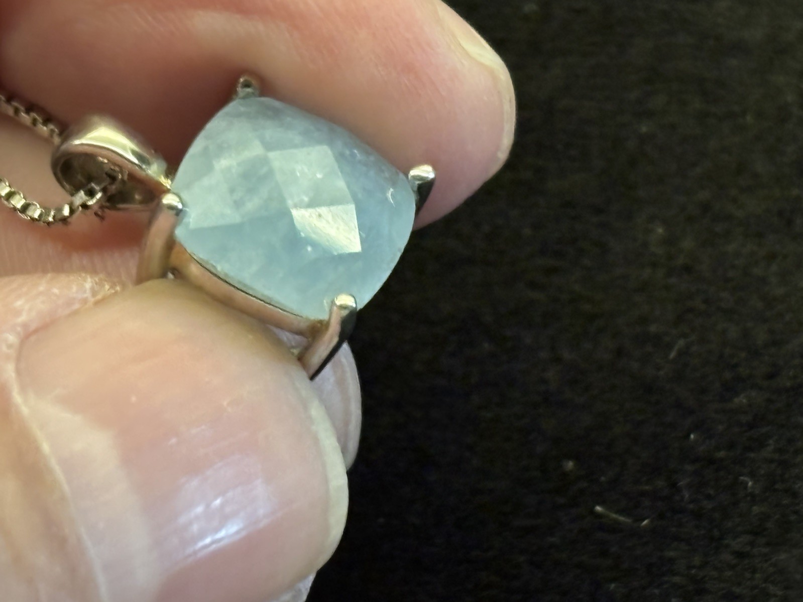 24 Sterling Silver 1mm Chain with Sterling Box Mounted Pale Blue Stone..925