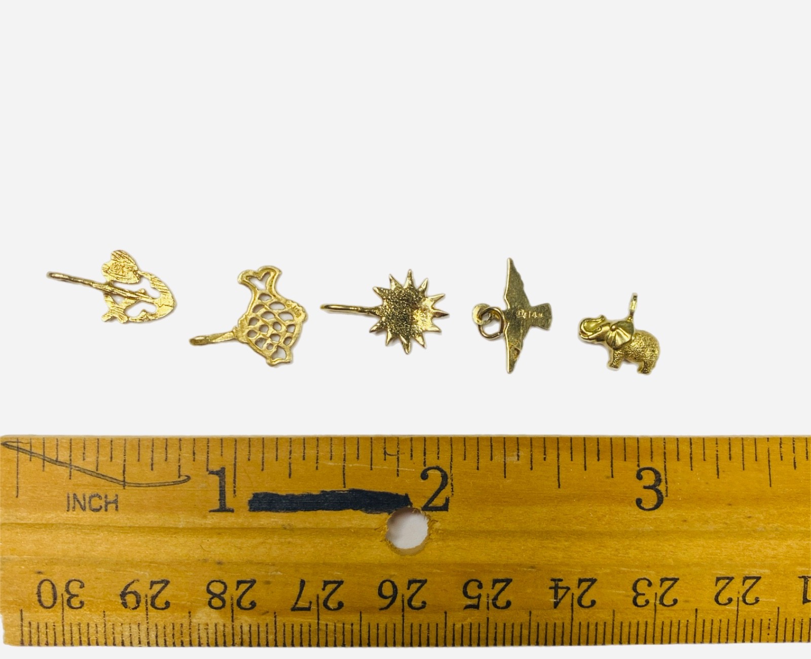 Vintage 14k Gold Charms Lot, 2 Grams! Sun, Fish, Elephant, Bird, Anchor