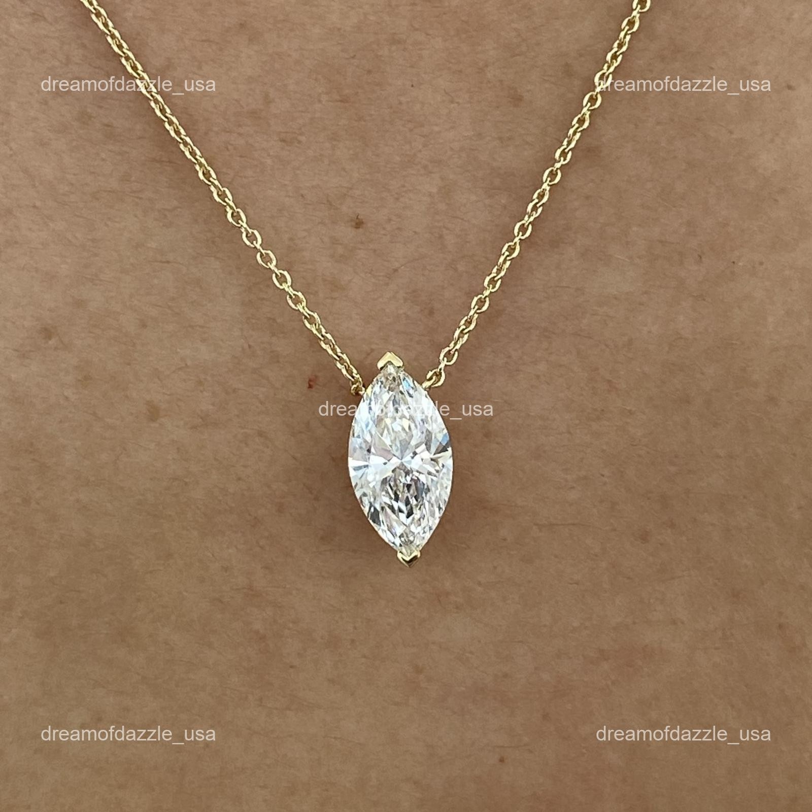 14K Solid Yellow Gold Marquise Lab Grown Diamond Birthday Chain Necklace Jewelry