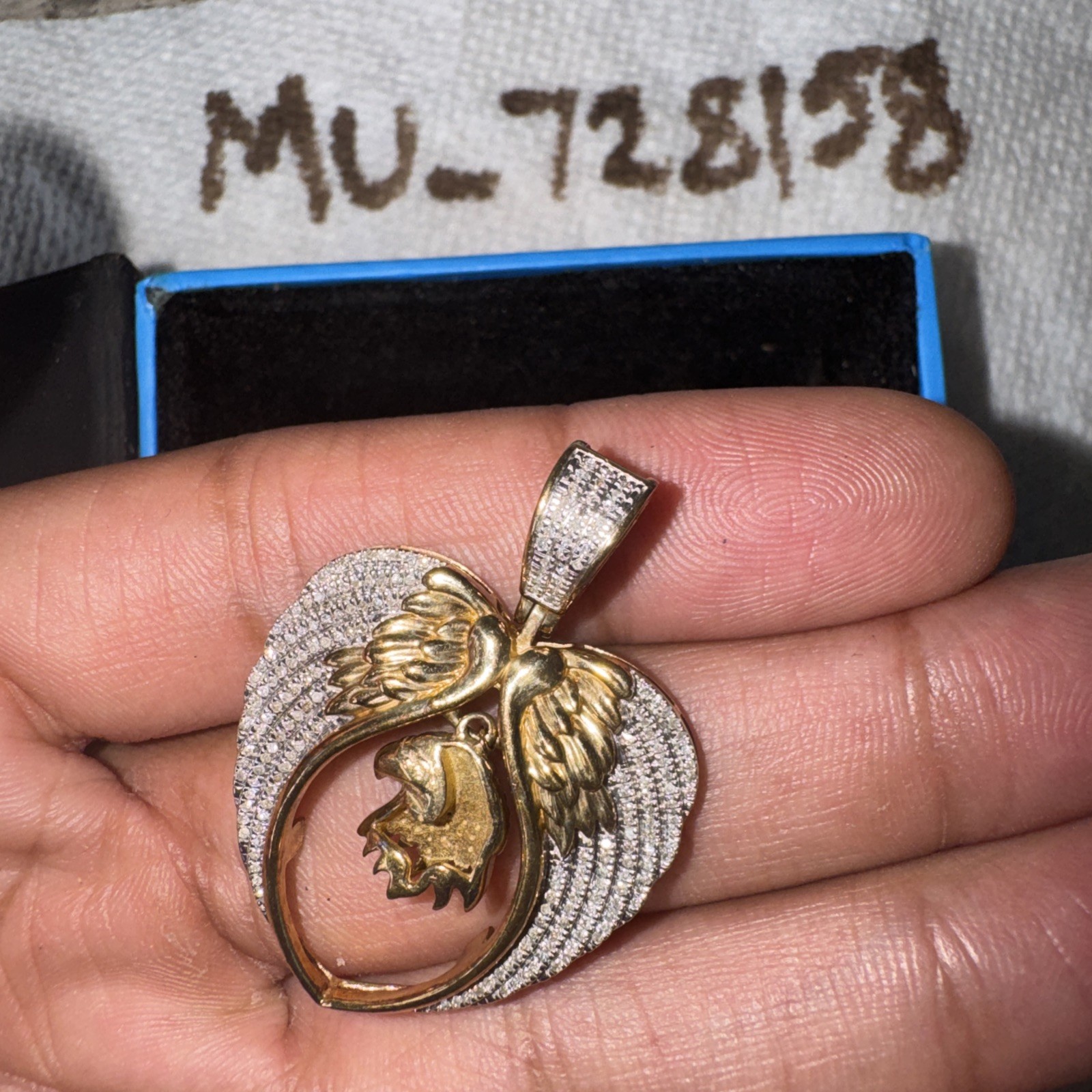 10k Yellow Gold Angel Wings With Eagle 0.41 Ct Diamond Charm Pendant