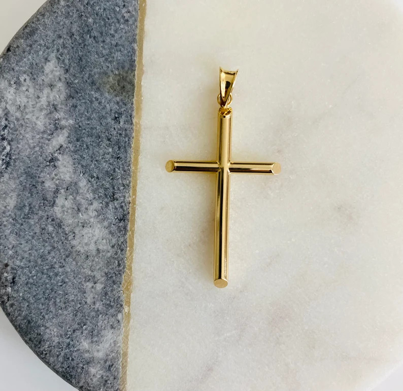14K Real Gold Crucifix 45mm/1.7” Tube Cross Pendant, 14K Real Gold Cross- PT15