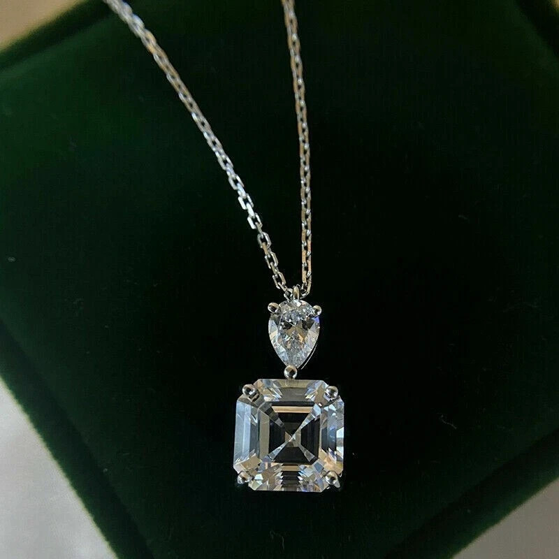 3Ct Lab Created Diamond Asscher Solitaire Pendant 14K White Gold Silver Plated
