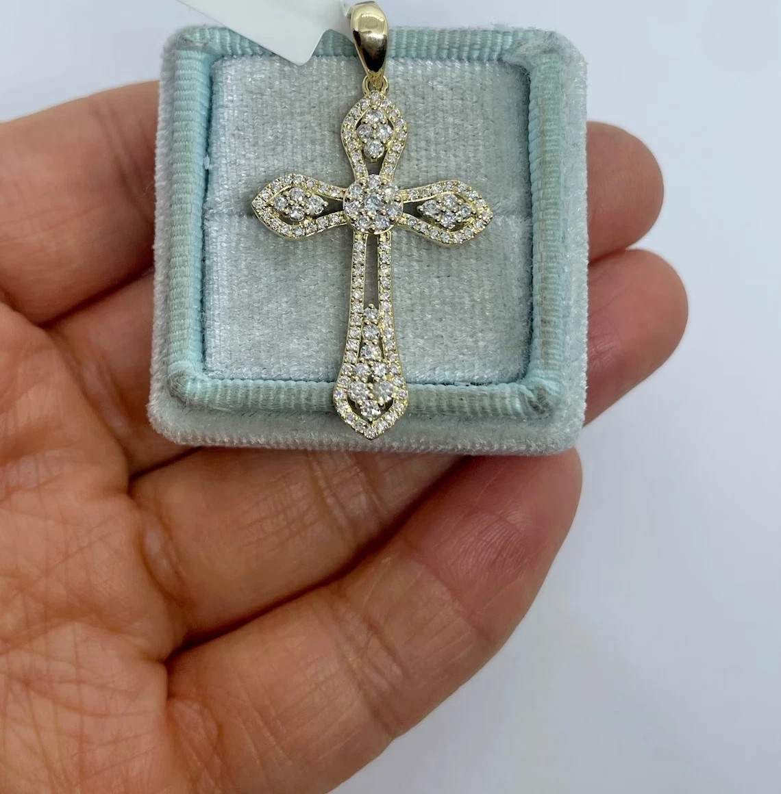 2Ct Round Created Diamond Unisex Cross Pendant 14K Yellow Gold Plated Free Chain