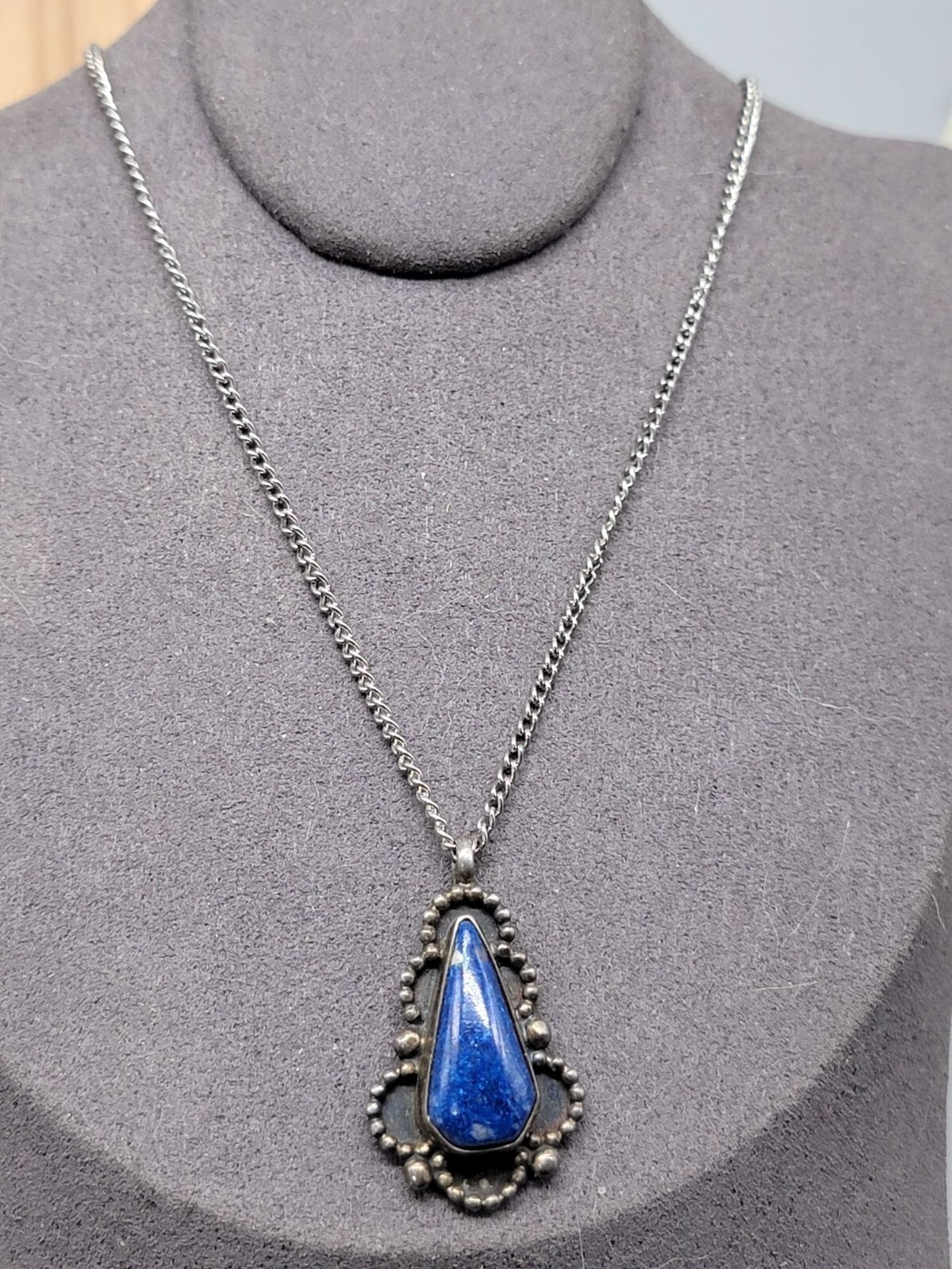Sterling Silver Teardrop Lapis Lazuli Pendant Necklace 16″ Mixed Metal Chain